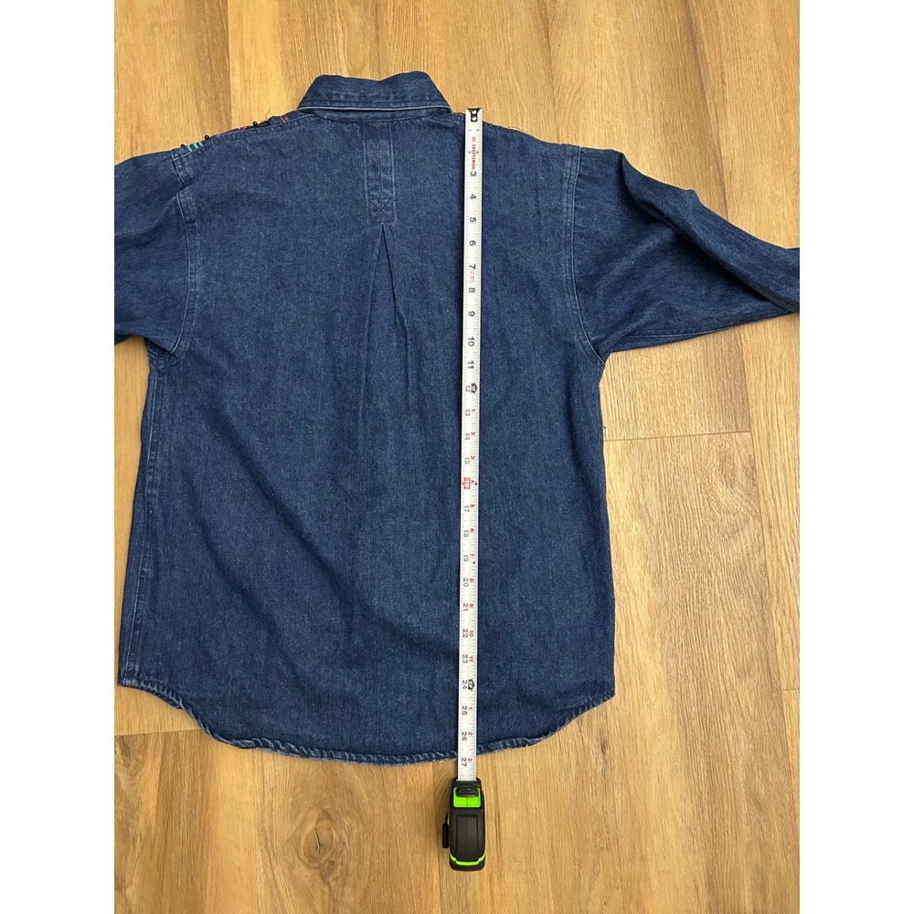 Vintage Western Denim Shirt Beaded Leather Patch Geometric Blue S long sleeve - Picture 6 of 6